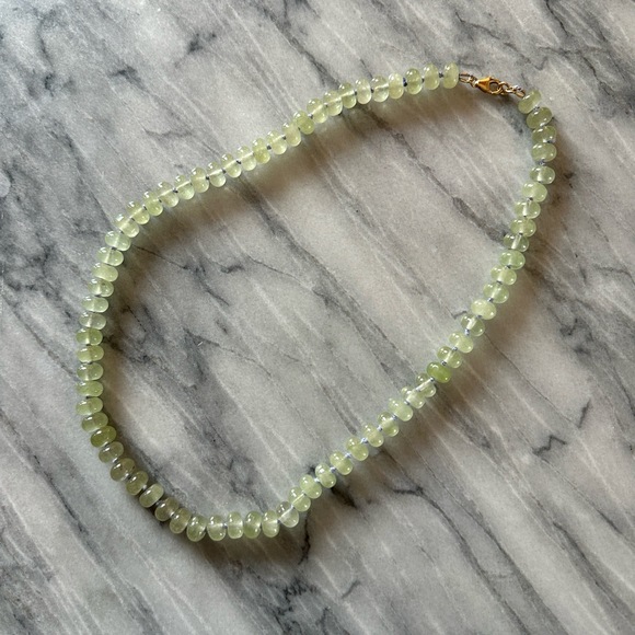 Green Dyed‎ Jade w/Periwinkle Silk Hand Knotted Beaded Necklace Gold Fill 19.75”